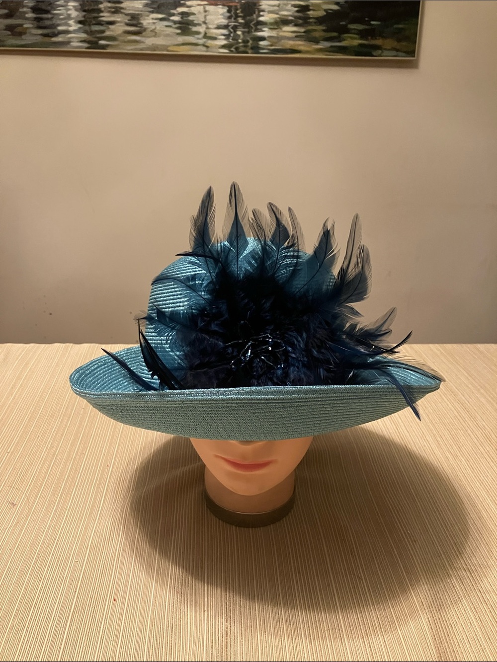 Elegant Metallic Teal Feathered Wide-Brim Women’s Hat